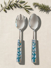 The Laraya Salad Servers by Zapurah with turquoise mosaic-style handles and silver finish