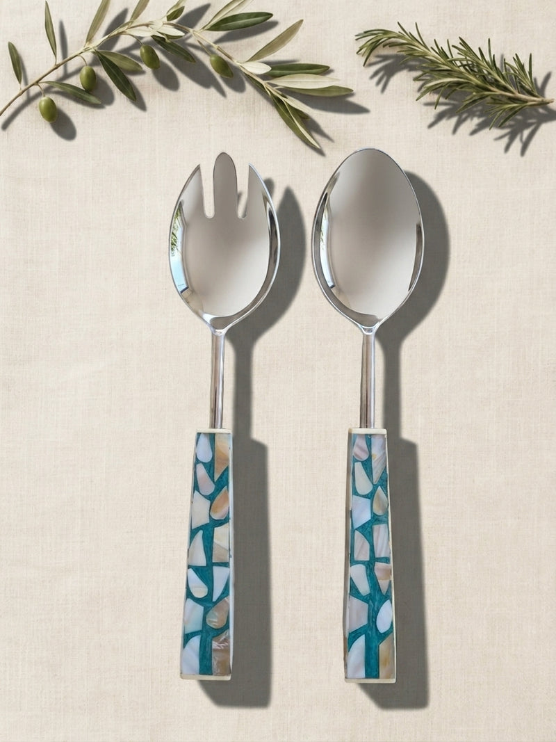 The Laraya Salad Servers by Zapurah with turquoise mosaic-style handles and silver finish