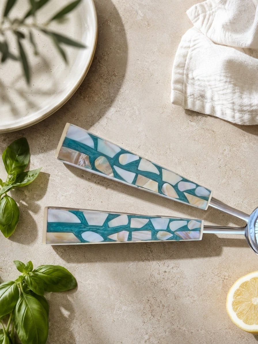 Close up of the turquoise, white and beige mosaic handles with silver stems, The Laraya