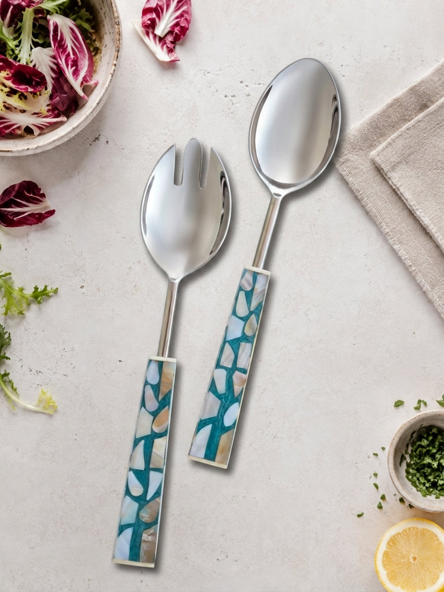 Salad serving spoon and fork with silver heads and turquoise mosaic handles with white and beige detailing, The Laraya