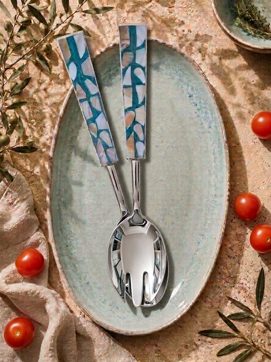 Silver salad servers with turquoise, white and beige mosaic handles, the Laraya salad serving set