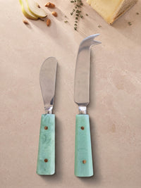 The Maraya Cheese Knife Set by Zapurah with Jade Green resin handles and silver finish