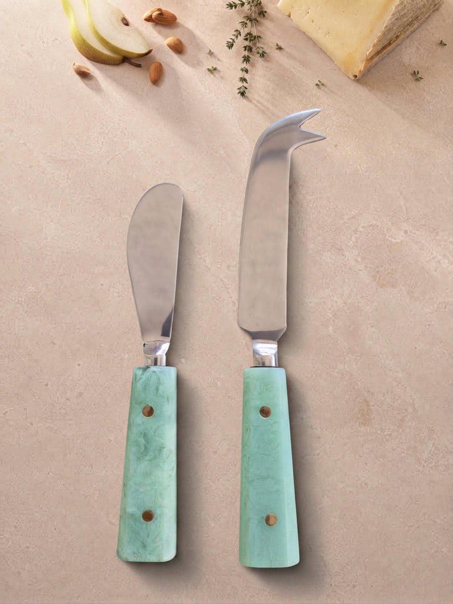 The Maraya Cheese Knife Set by Zapurah with Jade Green resin handles and silver finish