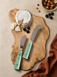 Silver color cheese knives with jade green resin handles, the Maraya cheese knife set
