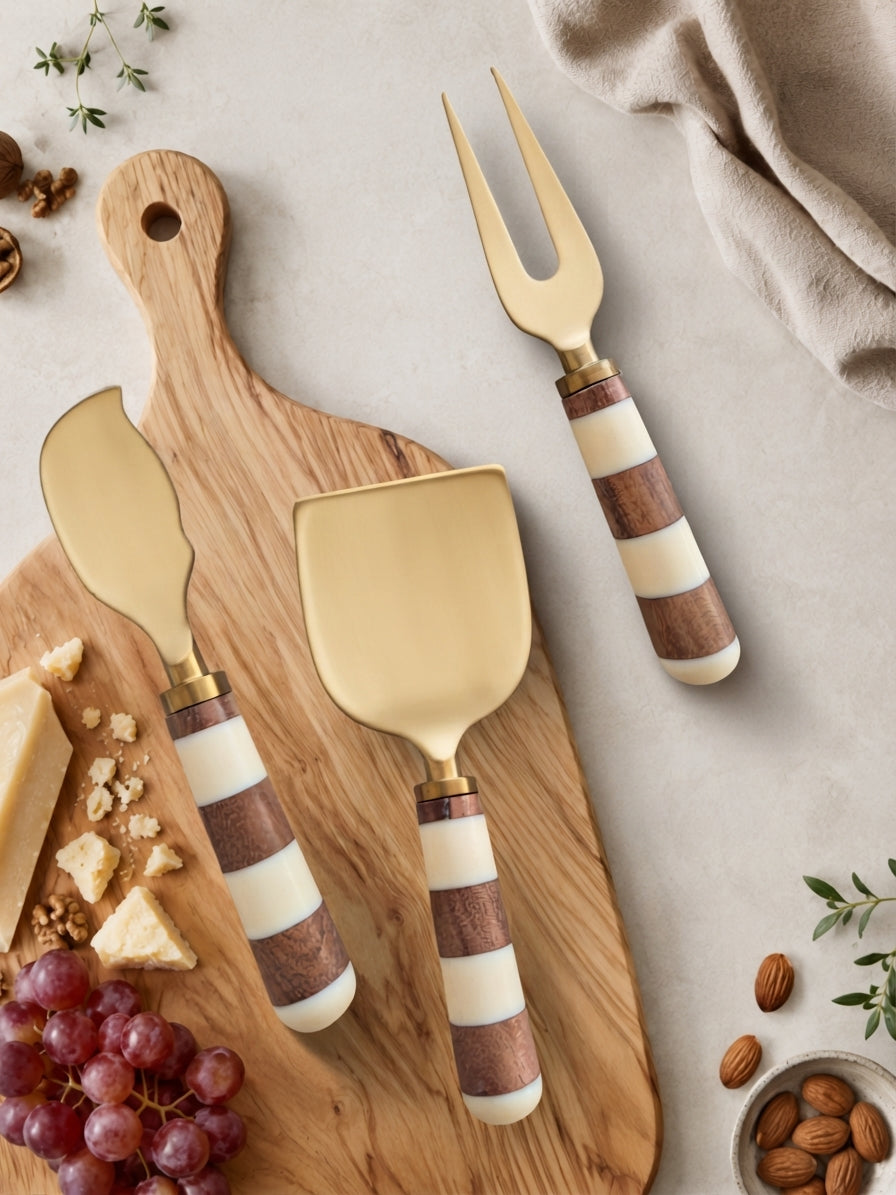 Detail of the brown and ivory striped handles on The Nalaya cheese knife set