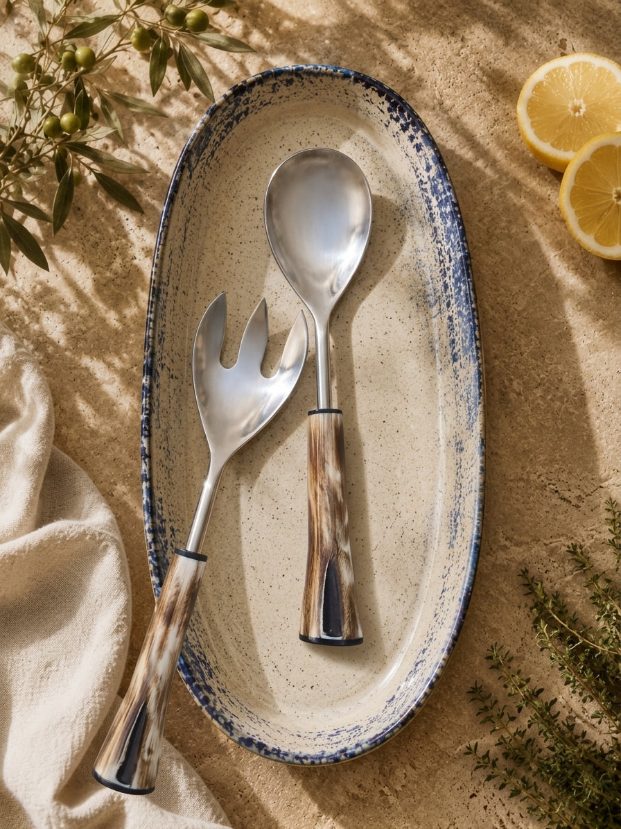 The Nalira salad spoon and fork with silver heads and natural marbled handles