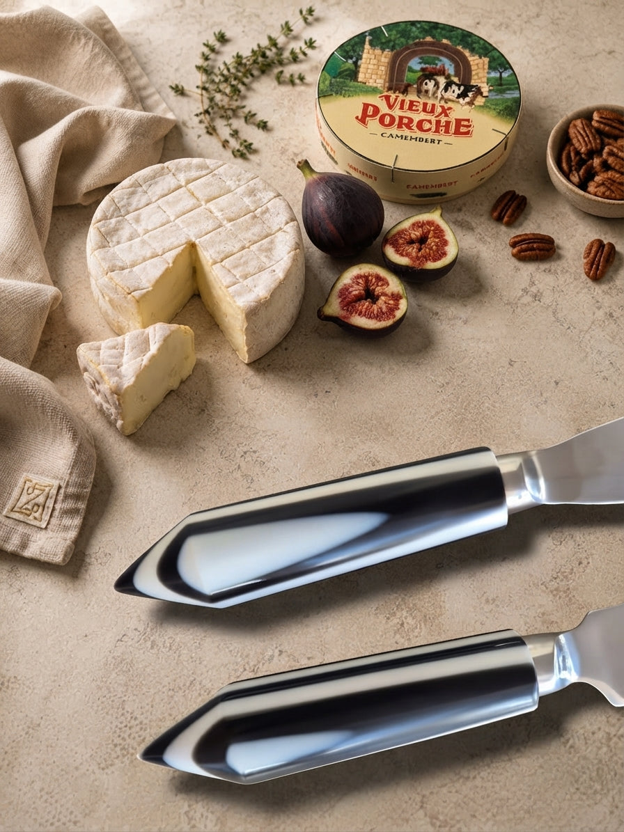 Detail of the black and white resin handles on The Rona cheese knife set