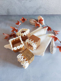 Square Rattan Napkin Rings with Cowrie Shells - Set of 4, - Zapurah - Table Decor - www.zapurah.com