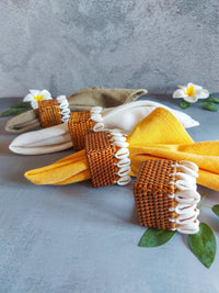Square Rattan Napkin Rings with Cowrie Shells - Set of 4, - Zapurah - Table Decor - www.zapurah.com