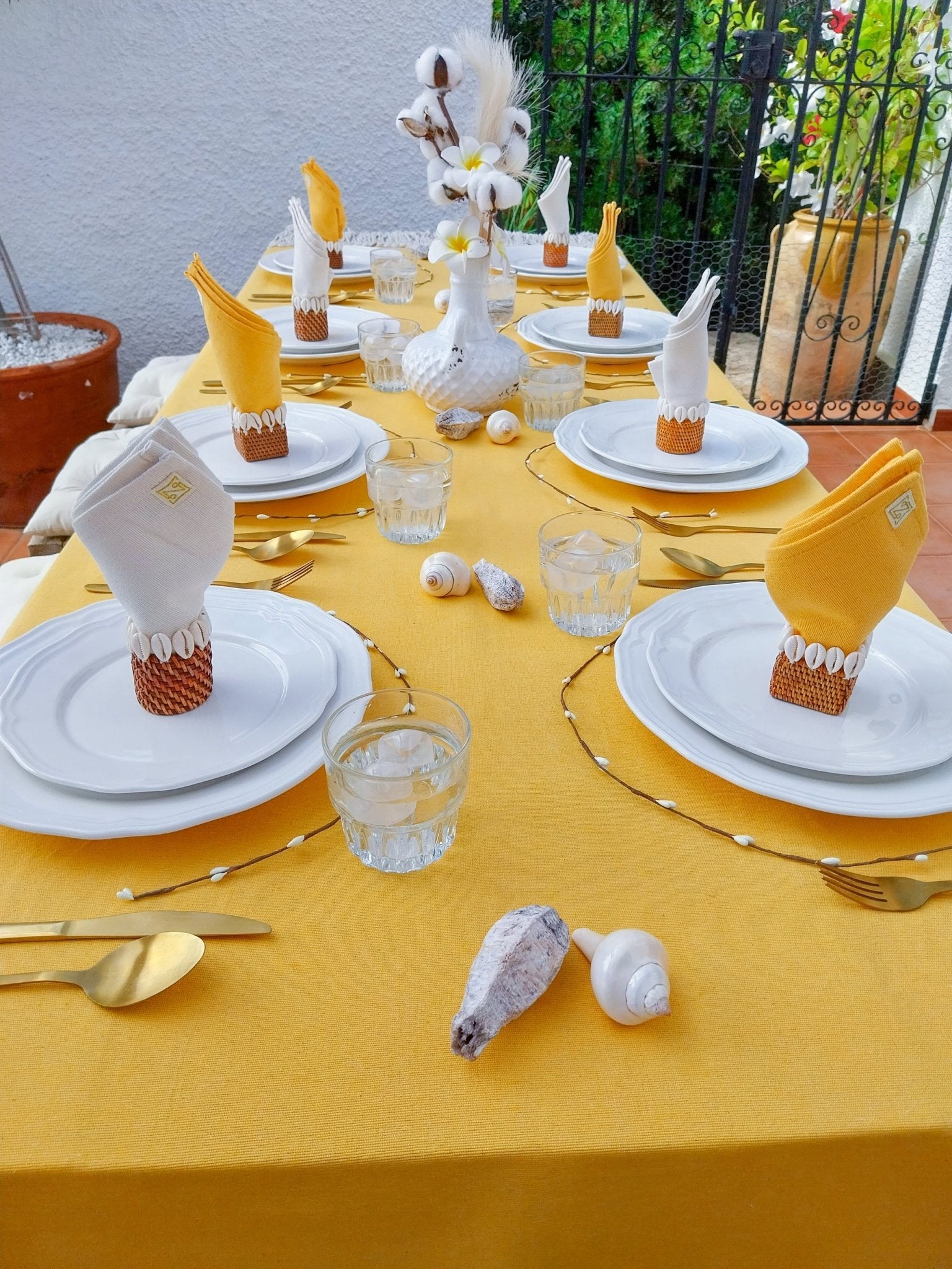 Yellow Easter and Summer Tablecloth with Macrame Fringe and Cowrie Shells - Zapurah - Table Decor - www.zapurah.com