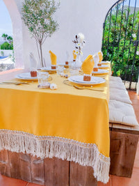 Yellow Easter and Summer Tablecloth with Macrame Fringe and Cowrie Shells - Zapurah - Table Decor - www.zapurah.com