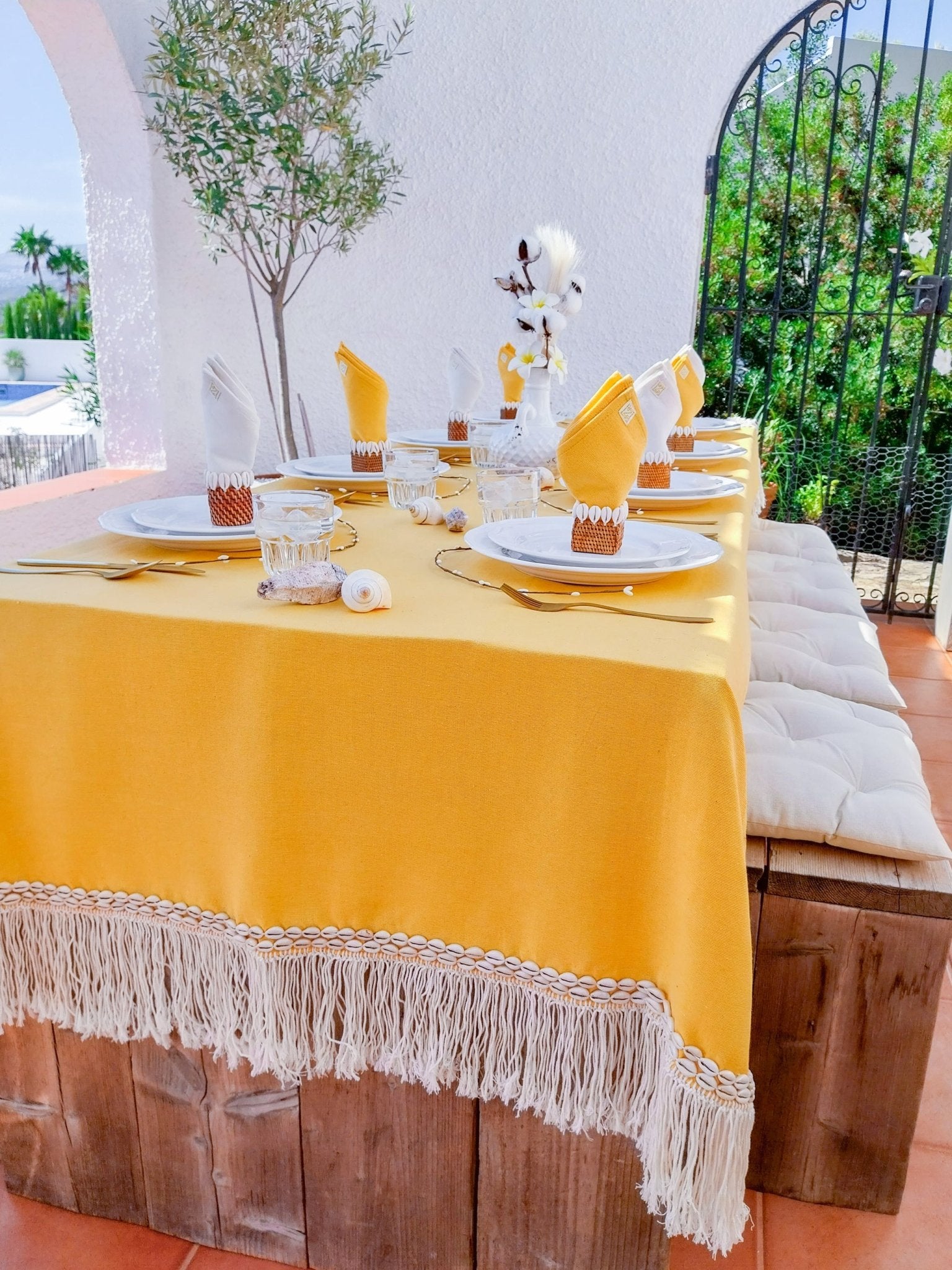 Yellow Easter and Summer Tablecloth with Macrame Fringe and Cowrie Shells - Zapurah - Table Decor - www.zapurah.com