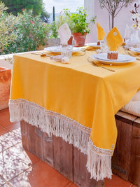 Yellow Easter and Summer Tablecloth with Macrame Fringe and Cowrie Shells - Zapurah - Table Decor - www.zapurah.com