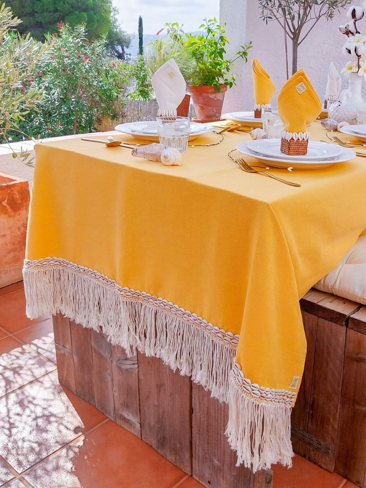 Yellow Easter and Summer Tablecloth with Macrame Fringe and Cowrie Shells - Zapurah - Table Decor - www.zapurah.com