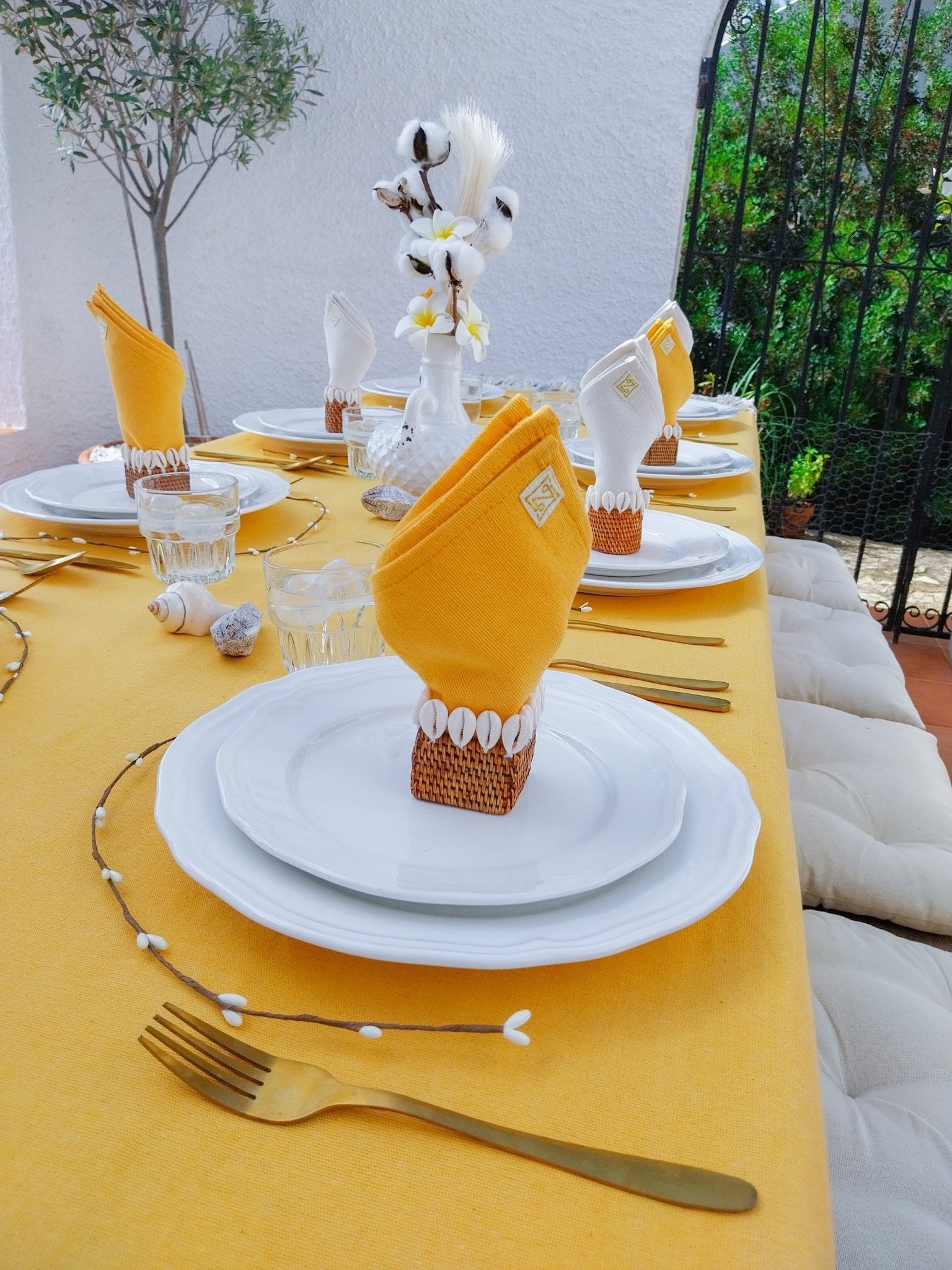 Yellow Easter and Summer Tablecloth with Macrame Fringe and Cowrie Shells - Zapurah - Table Decor - www.zapurah.com