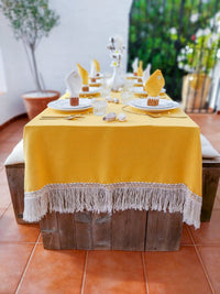 Yellow Easter and Summer Tablecloth with Macrame Fringe and Cowrie Shells - Zapurah - Table Decor - www.zapurah.com