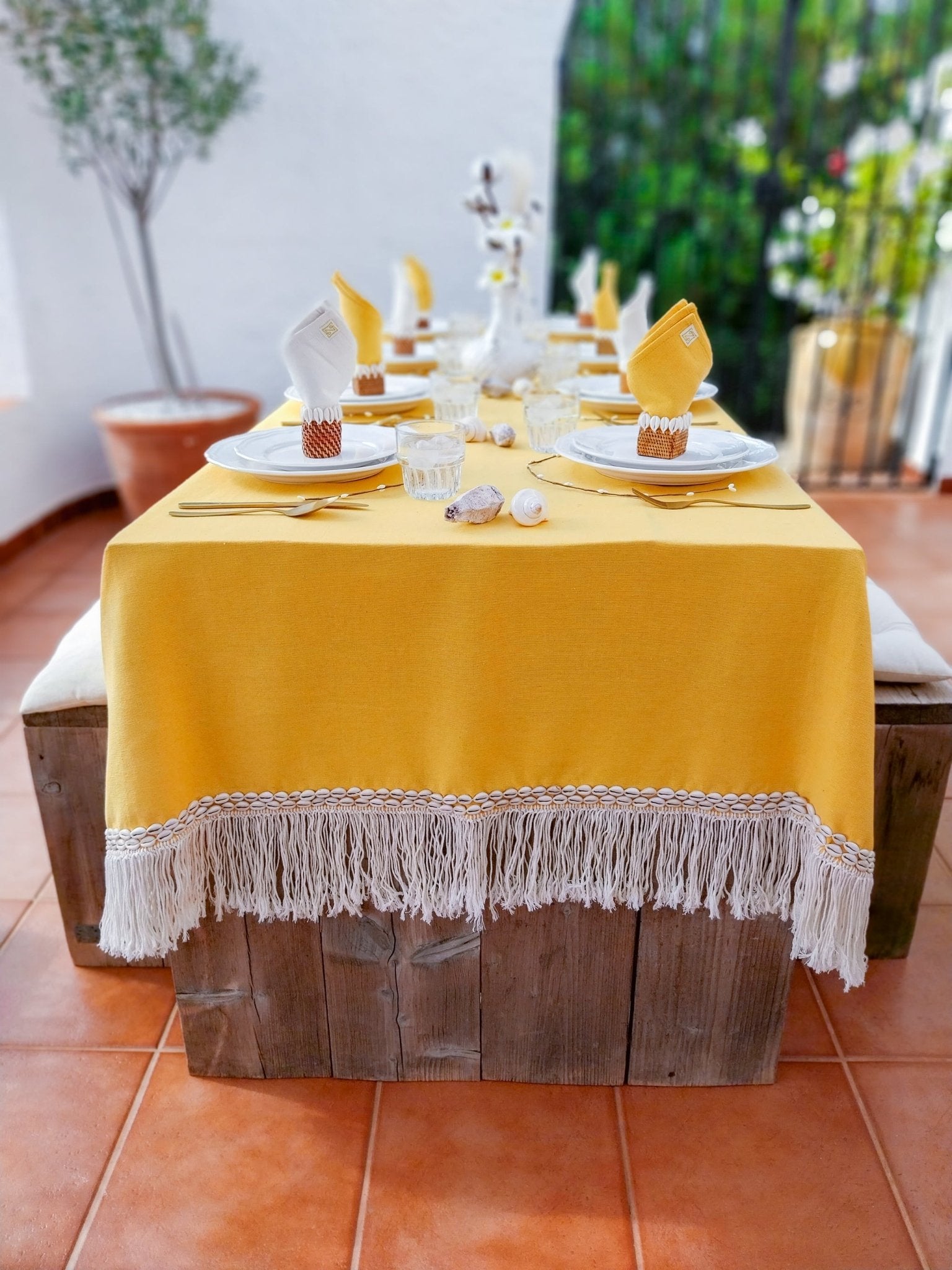Yellow Easter and Summer Tablecloth with Macrame Fringe and Cowrie Shells - Zapurah - Table Decor - www.zapurah.com