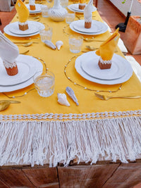 Yellow Easter and Summer Tablecloth with Macrame Fringe and Cowrie Shells - Zapurah - Table Decor - www.zapurah.com