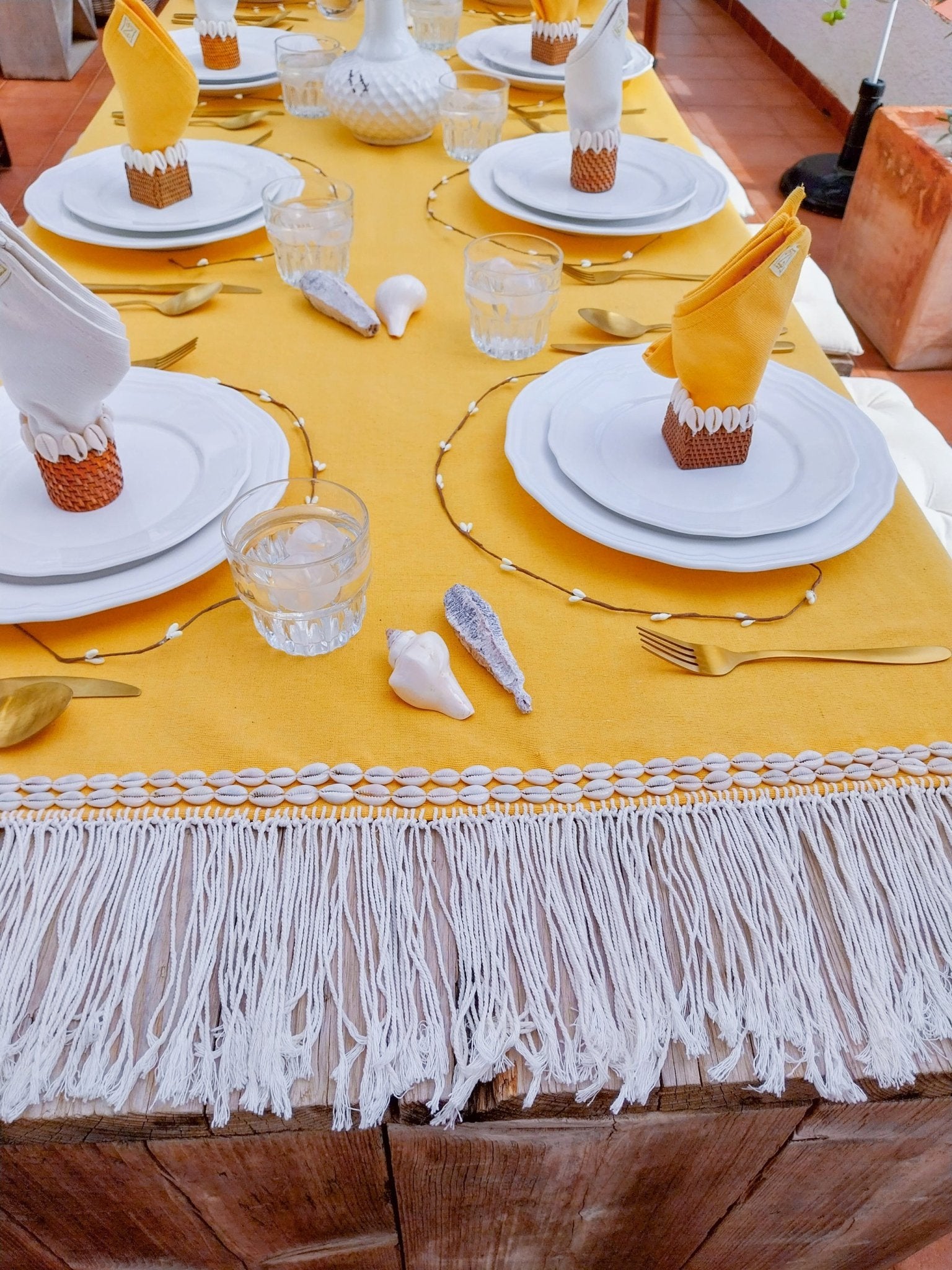 Yellow Easter and Summer Tablecloth with Macrame Fringe and Cowrie Shells - Zapurah - Table Decor - www.zapurah.com