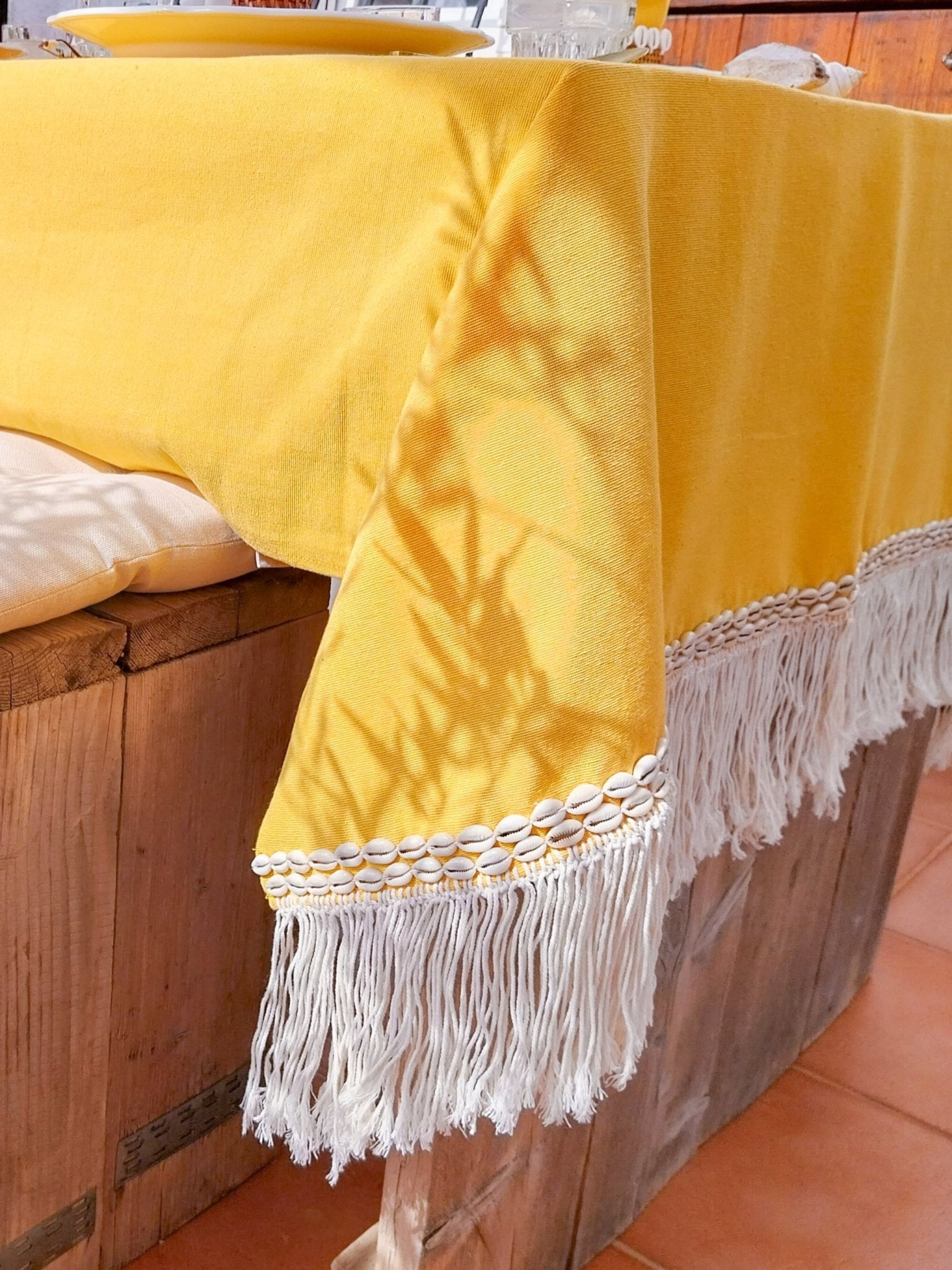 Yellow Easter and Summer Tablecloth with Macrame Fringe and Cowrie Shells - Zapurah - Table Decor - www.zapurah.com